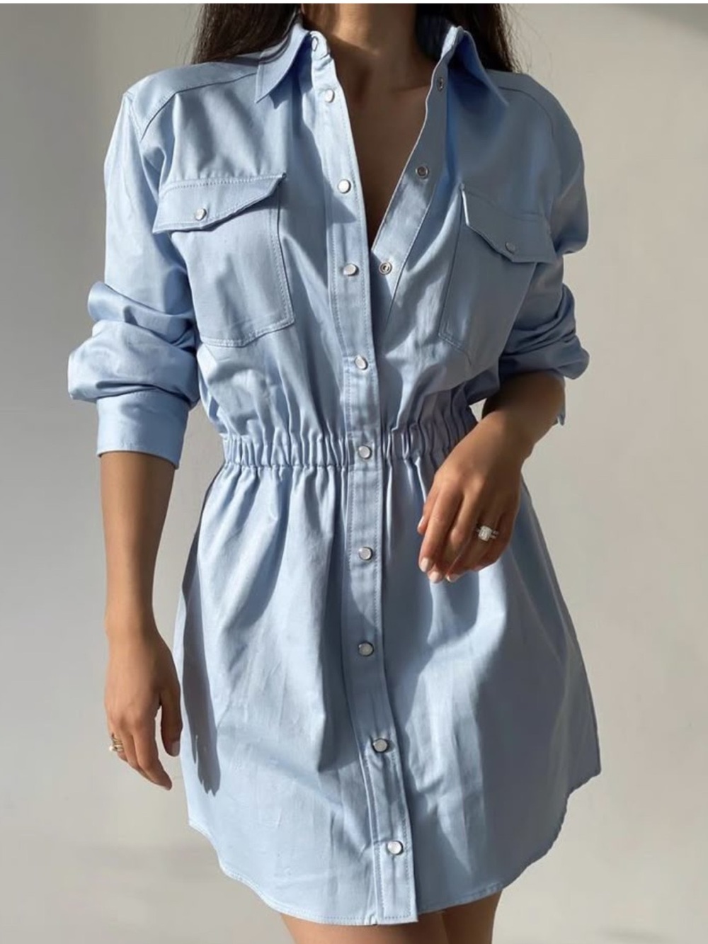 ZARA BLOGGER FAVE Light Blue Linen Blend Snap Long Sleeve Shirtdress Shirt Dress
